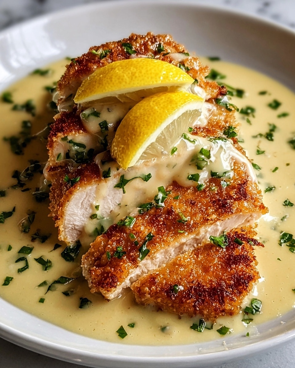 A crispy golden-brown breaded chicken cutlet is placed on a white plate with a rich creamy lemon sauce underneath and drizzled on top, garnished with finely chopped green herbs. Two bright yellow lemon wedges rest on the sauced chicken, adding a fresh touch. The juicy texture inside the chicken is visible where it has been cut open. The plate sits on a white marbled surface. photo taken with an iphone --ar 4:5 --v 7