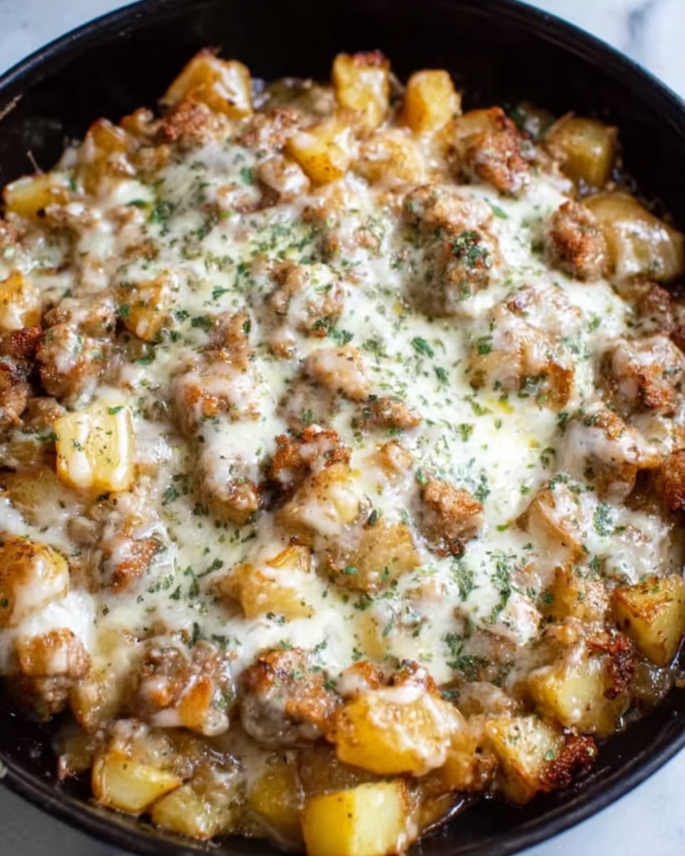 This image shows a close-up view of a black pan filled with a cooked dish made of small pieces of golden brown potatoes at the bottom. On top of the potatoes, there is a layer of browned sausage chunks, scattered evenly across the surface. The dish is covered by a melted layer of white cheese that looks gooey and slightly browned in some spots. Small green herb flakes are sprinkled over the cheese, adding a touch of color. The pan is on a white marbled surface. photo taken with an iphone --ar 4:5 --v 7