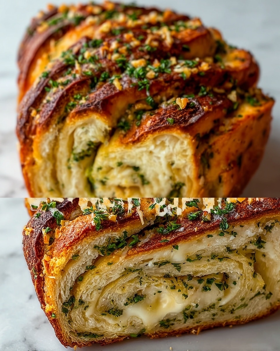 A close-up view of a swirled garlic herb and cheese bread loaf resting on a white marbled texture surface. The bread has multiple thick layers showing light golden to deep golden-brown crust with a slightly crispy texture. Between the layers, creamy melted cheese is visible with small green herb pieces spread throughout. The top crust is sprinkled with finely chopped herbs and bits of garlic, giving it a textured look with dark green and golden touches. The bread is cut into slices, showing the soft, airy inside with its spiral pattern of herbs and cheese. Photo taken with an iphone --ar 4:5 --v 7