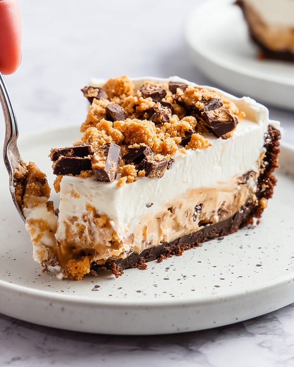 A slice of pie is shown on a white plate with speckled details, placed on a white marbled surface. The pie has a dark brown, crumbly crust at the bottom. Above the crust is a thick layer of light brown creamy filling, followed by a thick layer of white whipped cream. The top of the pie is sprinkled with small chunks of chocolate and crumbled cookie pieces, adding texture and color contrast. The background shows a black pie pan and blurred elements, keeping attention on the pie slice. Photo taken with an iphone --ar 4:5 --v 7