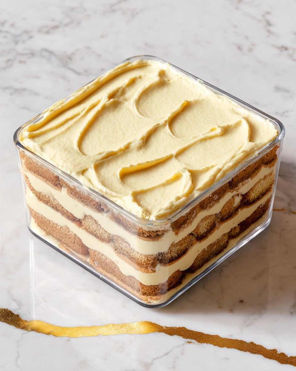 A square glass container holds a layered dessert with four visible layers. The bottom layer is made of dark brown ladyfinger biscuits standing upright, topped by a thick off-white creamy layer with a smooth texture. Above this sits a layer of light brown ladyfinger biscuits placed horizontally, followed by another off-white creamy layer, then another horizontal layer of ladyfinger biscuits, and finally topped with a thick smooth pale yellow cream layer that swirls softly on top. The container is set on a white marbled surface with a small golden zigzag decoration nearby. Photo taken with an iphone --ar 4:5 --v 7