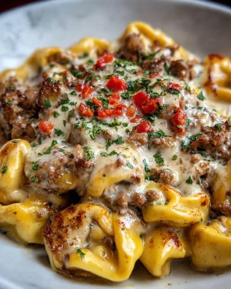 The image shows a close-up of a plate filled with cheesy tortellini pasta. The dish has three main layers: the base layer is light yellow tortellini with a smooth texture, the middle layer is browned crumbled sausage scattered evenly, and the top layer is melted white cheese with a creamy texture, sprinkled with finely chopped green herbs and small diced red peppers for color. The pasta and toppings rest on a white plate placed on a white marbled surface. photo taken with an iphone --ar 4:5 --v 7