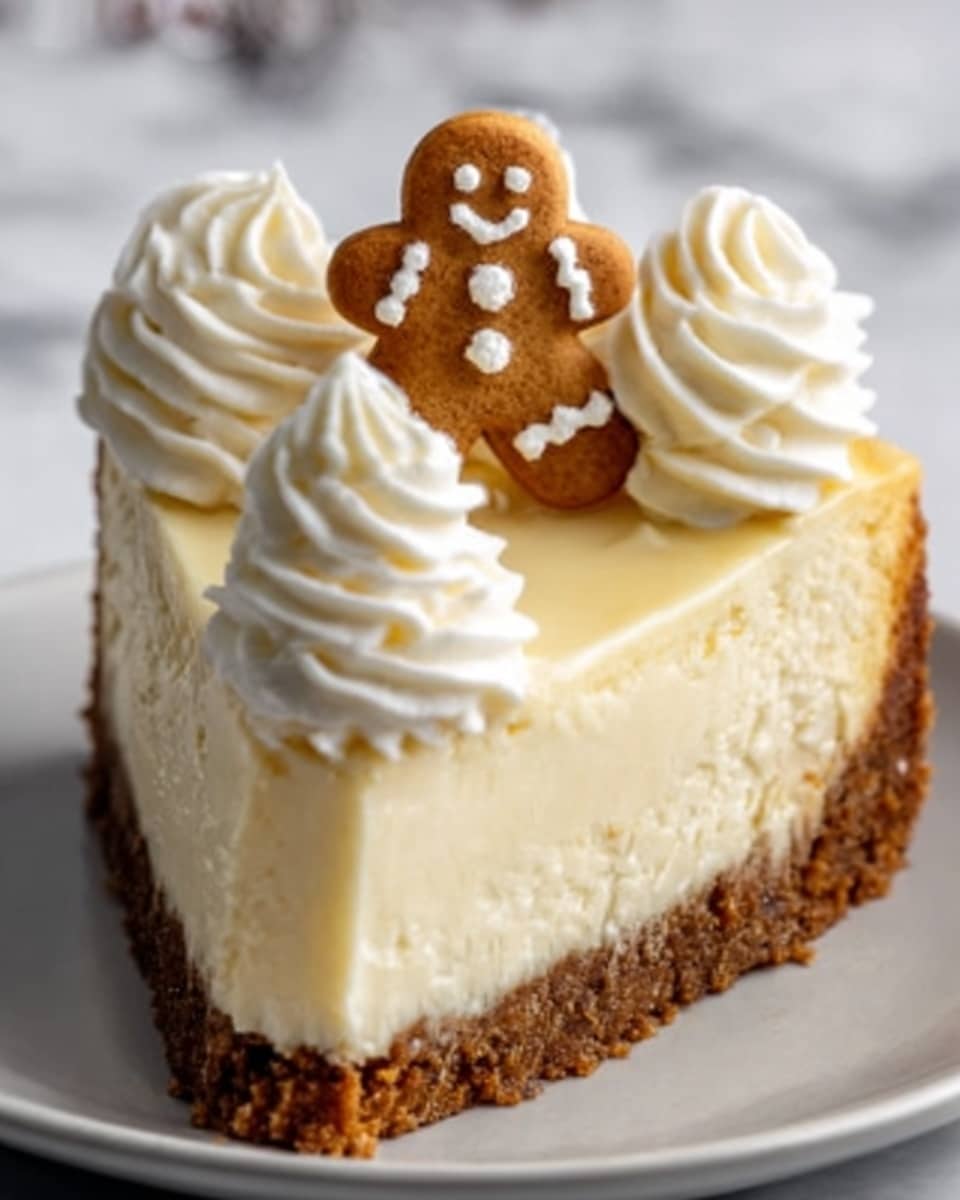 A slice of cheesecake on a white plate sits on a white marbled surface. The cheesecake has three distinct layers: a thick, golden brown crumbly base at the bottom, a creamy, smooth pale yellow middle layer, and a thin top layer of light brown whipped cream forming two swirls on either side of a small gingerbread man cookie standing upright in the center. The lighting highlights the creamy texture and the crumbly crust. photo taken with an iphone --ar 4:5 --v 7