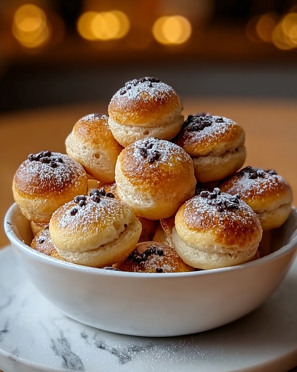 A white bowl filled with round, golden-brown pastries stacked in a small pile, each pastry topped with a light dusting of powdered sugar and small dark bits on top. The pastries have a shiny, slightly crispy surface with soft, creamy-colored sides. The bowl sits on a wooden surface with a white marbled background softly blurred behind. Photo taken with an iphone --ar 4:5 --v 7