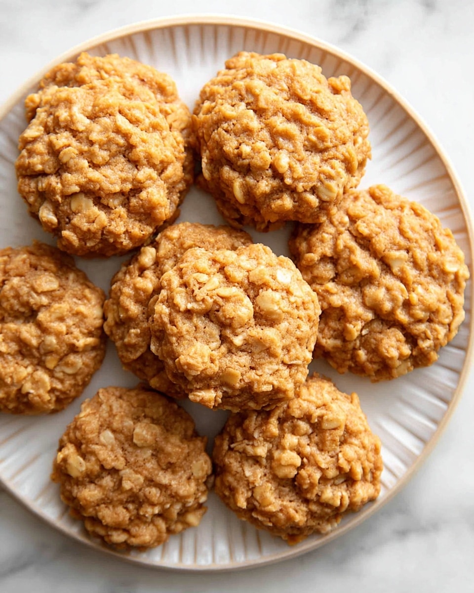 The image shows a white plate with a textured rim holding a group of round, golden-brown cookies. Each cookie has a rough, bumpy surface with visible oats embedded throughout, giving them a chunky texture. The cookies are arranged loosely in a spread with some overlapping slightly, all resting on the white marbled surface beneath the plate. The cookies have a soft, chewy look with small cracks and uneven edges, showing their homemade style. photo taken with an iphone --ar 4:5 --v 7