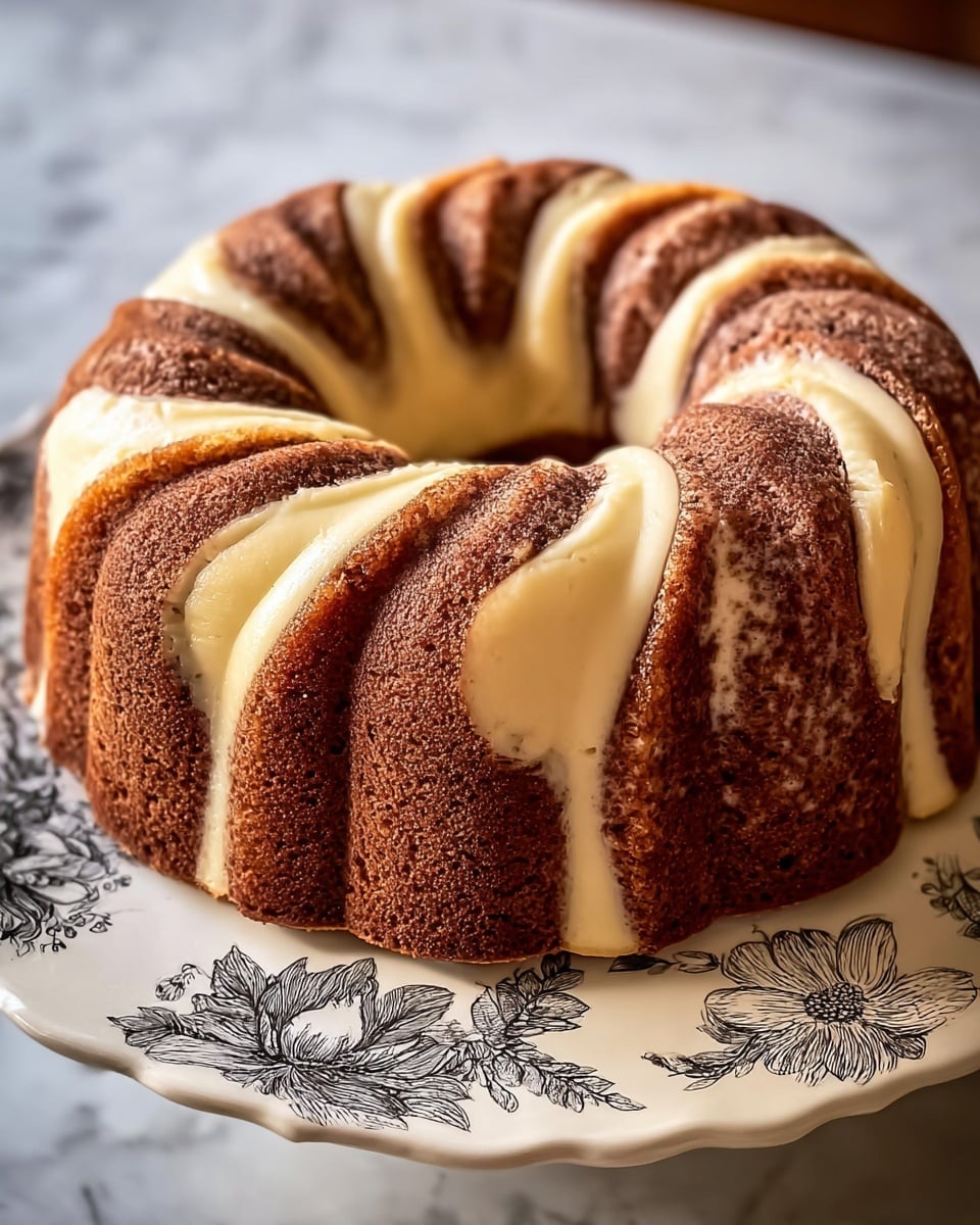 The image shows a bundt cake with two main layers swirled together, one light cream and one rich brown, forming a beautiful spiral pattern around the ring shape. The cake has a smooth, slightly shiny surface with a textured edge pattern from the bundt pan. It sits on a white plate with black floral designs, placed on a white marbled textured surface. The lighting highlights the soft and moist texture of the cake, giving it a fresh and inviting look. Photo taken with an iphone --ar 4:5 --v 7