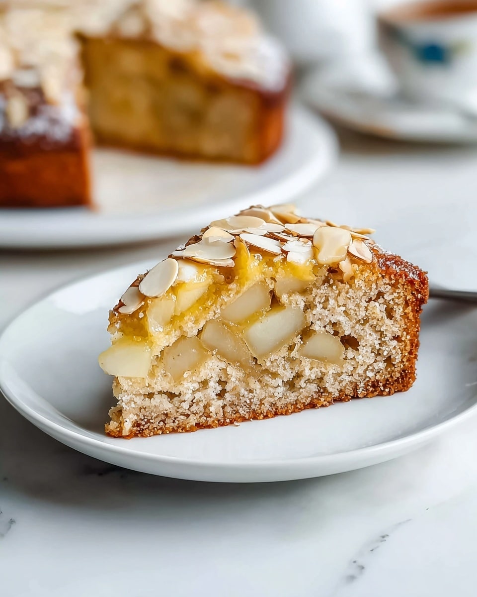 The image shows a slice of cake on a white plate with a white marbled surface in the background. The cake slice has three main layers: the bottom layer is a light golden brown, soft textured cake; the middle layer consists of chunky, pale yellow apple pieces embedded within the cake; the top layer is a glossy, translucent yellow glaze sprinkled with thin, pale almond slices. In the blurred background, part of another slice of the same cake is visible on a white plate. Photo taken with an iphone --ar 4:5 --v 7