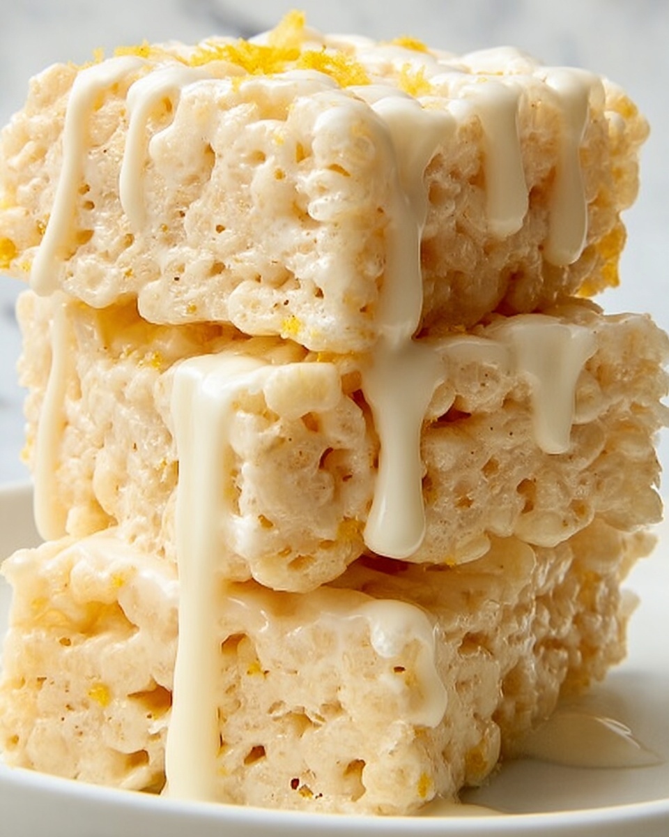 This image shows a close-up of three stacked square treats made from crispy rice cereal mixed with a light yellow marshmallow-like substance. The treats have a soft, spongy texture with a pale cream color and small bits of yellow scattered throughout. A smooth, creamy white sauce is drizzled thickly over the top and sides, slowly dripping down the edges. The treats sit on a white plate placed on a white marbled surface, and the light highlights their soft texture and the shine of the sauce. photo taken with an iphone --ar 4:5 --v 7