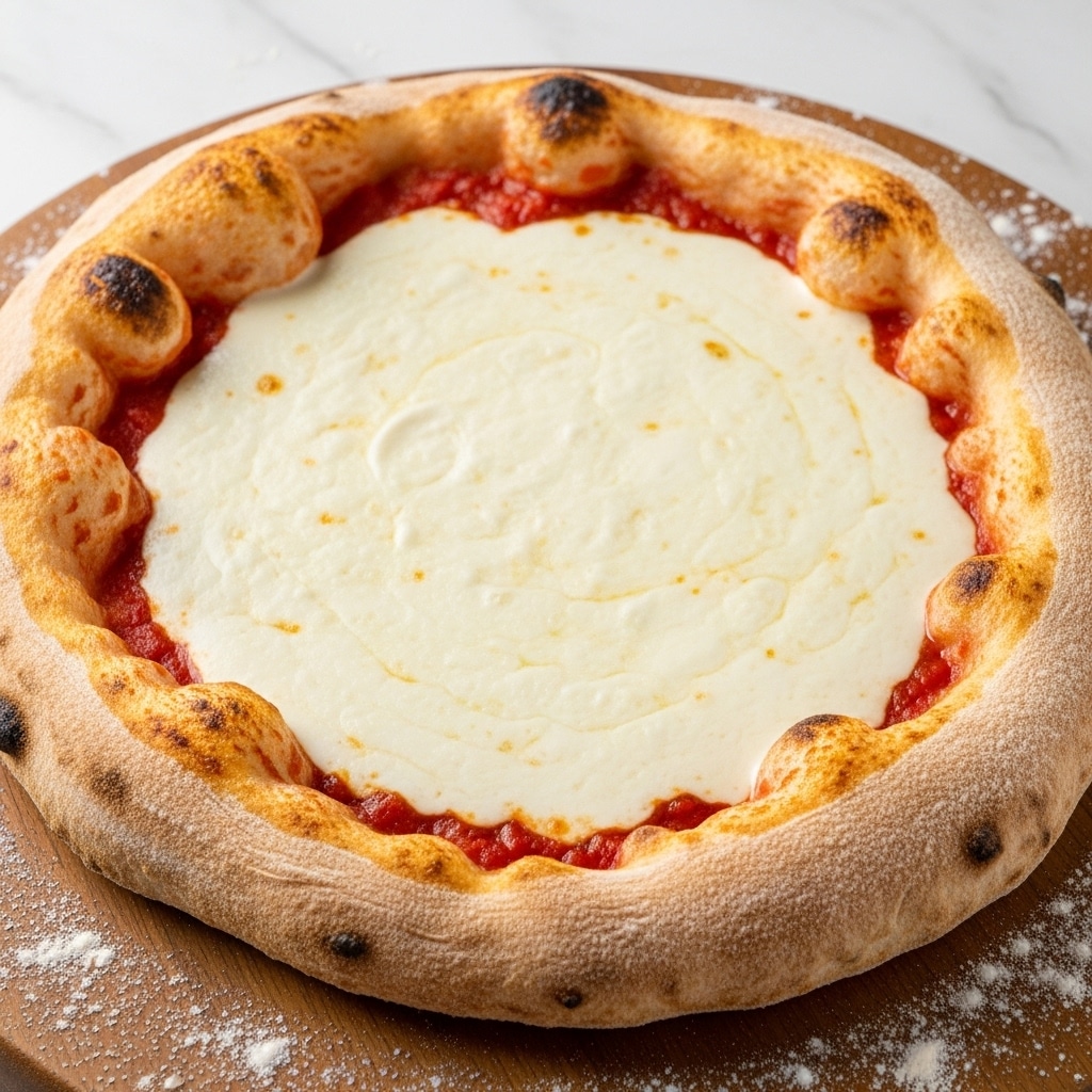 This image shows a freshly baked pizza with one thick, fluffy crust layer that is pale golden with some dark brown spots from baking. The crust is dusted lightly with flour and forms a raised, rounded edge around the pizza. Inside the crust is a single middle layer of smooth, melted cheese that covers the surface completely, with faint red tomato sauce visible underneath near the edges. The pizza is placed on a wooden cutting board with scattered flour around it, all set on a white marbled texture background. Photo taken with an iphone --ar 4:5 --v 7