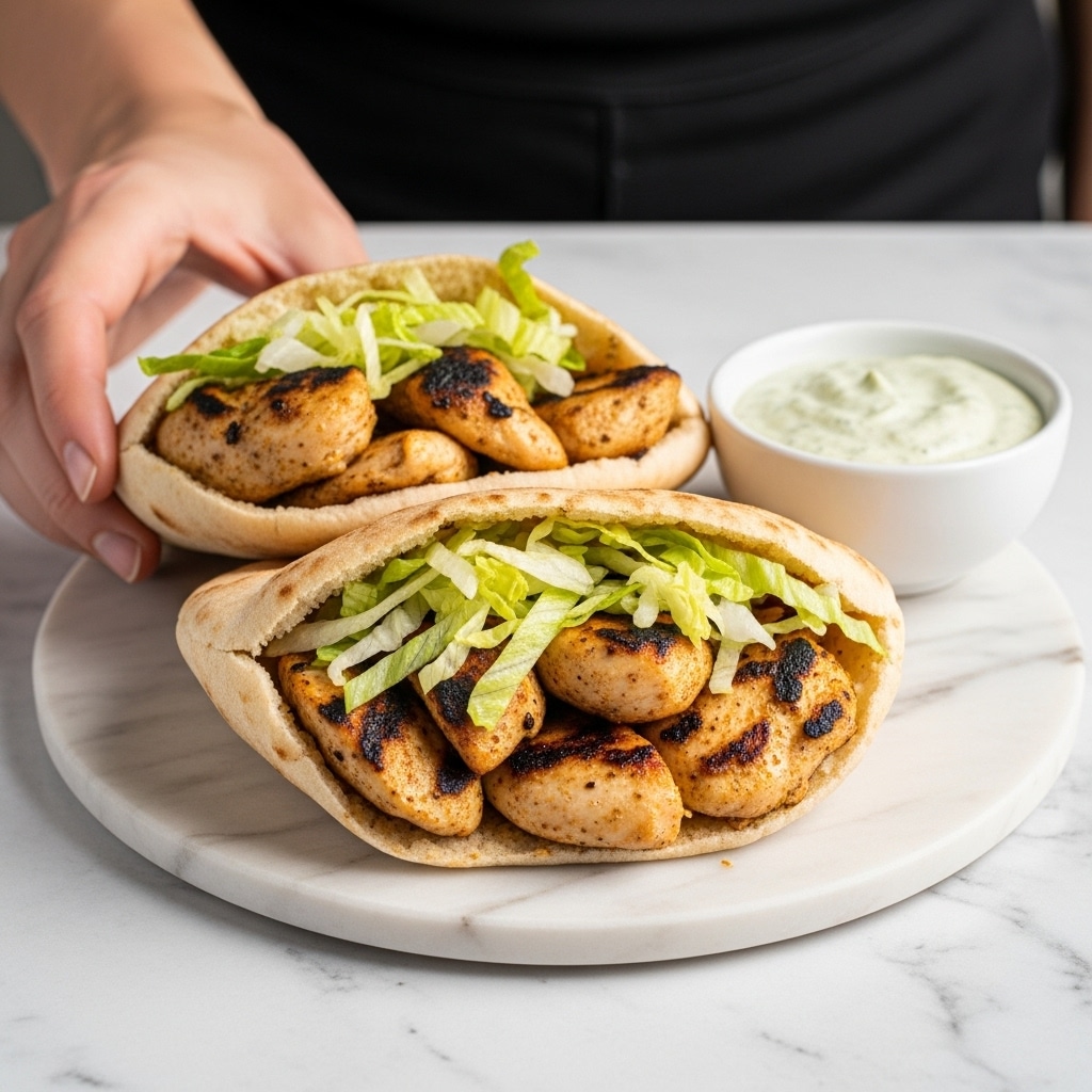The image shows two pita sandwiches filled with grilled chicken pieces that are golden brown with some char marks. Inside the pita, there is a layer of shredded light green lettuce on top of the chicken. The pita bread is slightly toasted with a soft texture. The sandwiches rest on a white marbled surface next to a small white bowl of creamy green sauce. A woman's hand is reaching toward the sandwiches. Photo taken with an iphone --ar 4:5 --v 7