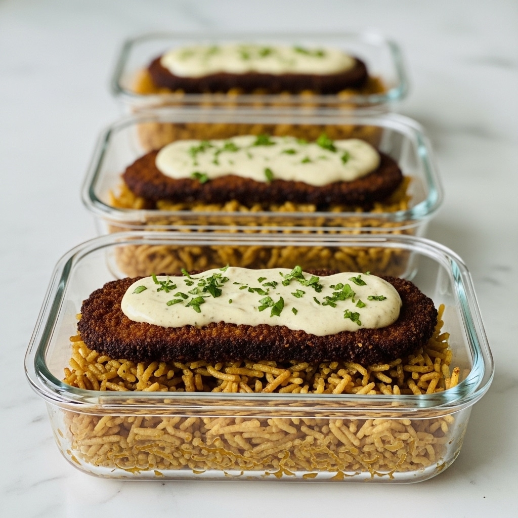 The image shows three glass containers arranged in a row on a white marbled surface. Each container holds a dish with two layers: the bottom layer is a bed of golden-brown rice with visible grains, slightly fluffy in texture, while the top layer consists of a dark brown, crispy fried cutlet covered with a creamy white sauce sprinkled with small green herbs. The containers are rectangular, and the food looks freshly made, with the background softly blurred. Photo taken with an iphone --ar 4:5 --v 7