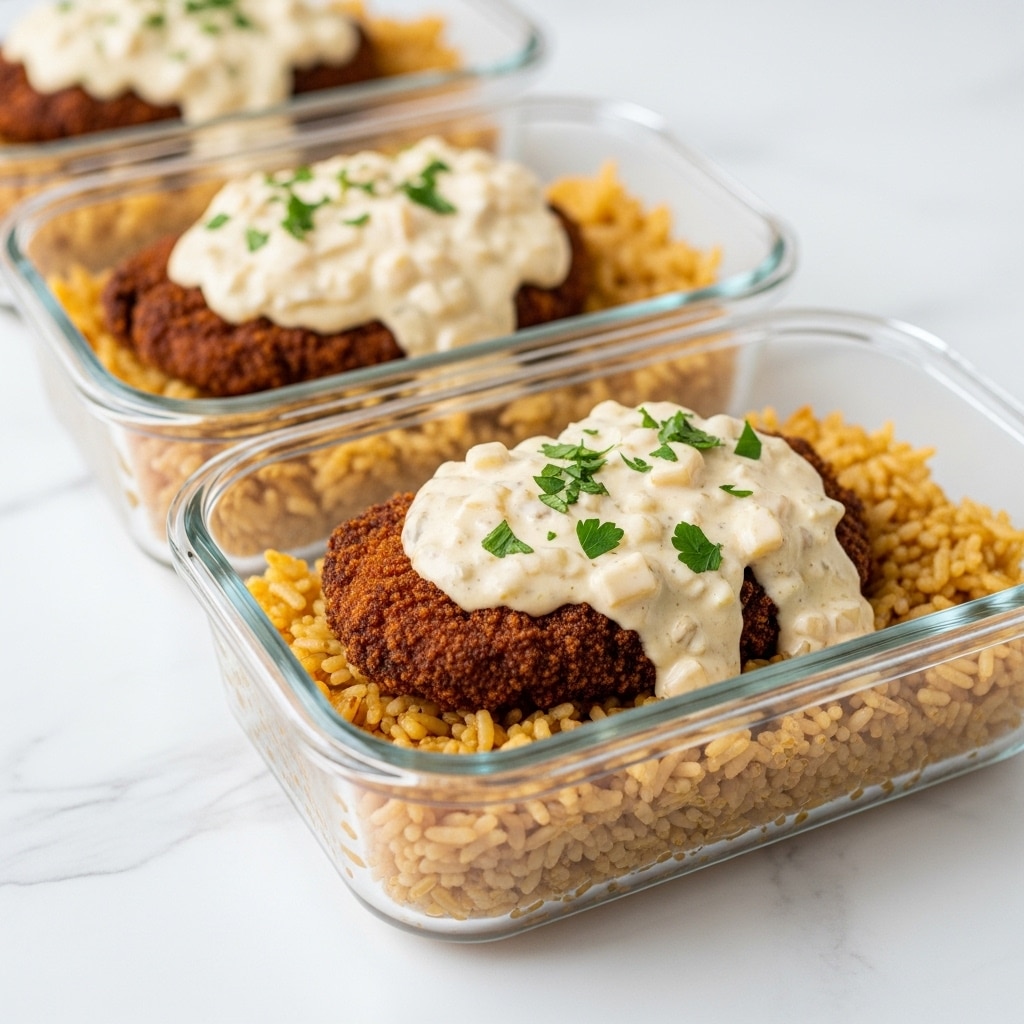 The image shows three rectangular clear glass containers placed on a white marbled surface in a straight line. Each container holds a dish with two visible layers: a base layer of golden-brown shredded or thinly sliced food that looks like cooked rice or noodles, and on top, a thick, dark brown crispy piece of meat or vegetable. A creamy white sauce covers the center part of the crispy layer on each dish, garnished with small green herbs sprinkled on top. The containers are aligned from front to back, with the closest container in full view and the other two slightly blurred. Photo taken with an iphone --ar 4:5 --v 7