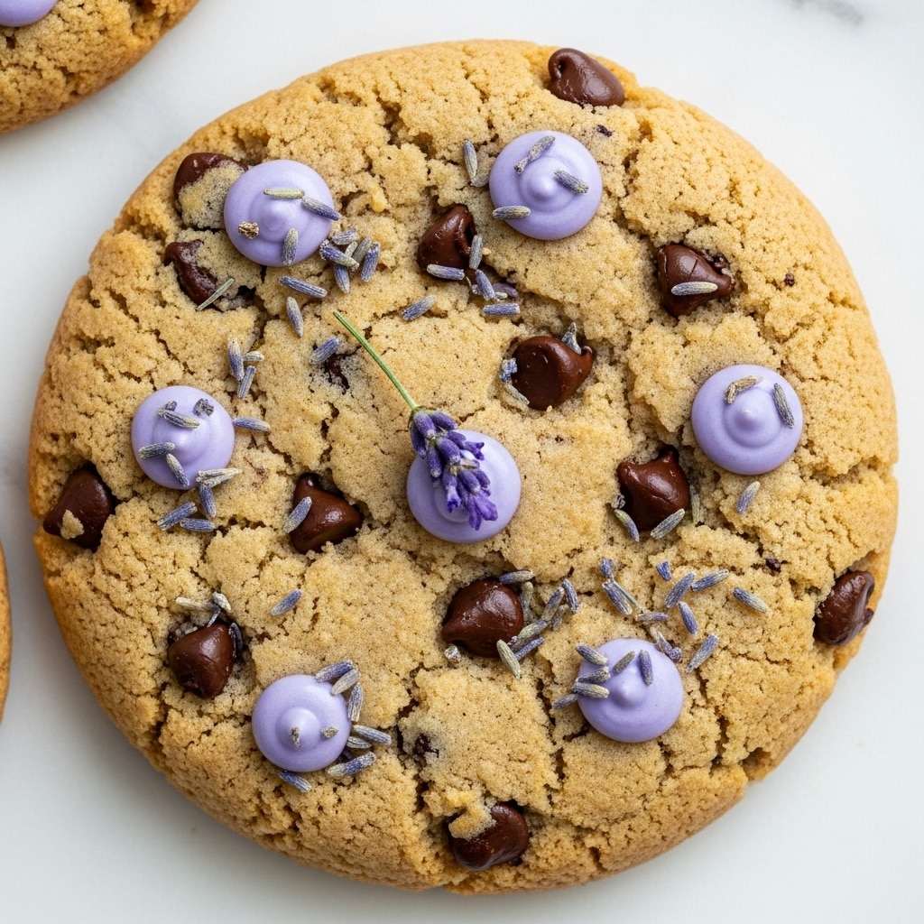 A close-up view of a golden brown cookie topped with dark chocolate chips and small dollops of smooth purple frosting scattered evenly across the surface. Delicate purple lavender flowers and tiny lavender petals are sprinkled on top, adding texture and a pop of color. The cookie has a slightly crumbly texture with visible cracks and a soft but crisp appearance. The background is a white marbled texture. photo taken with an iphone --ar 4:5 --v 7