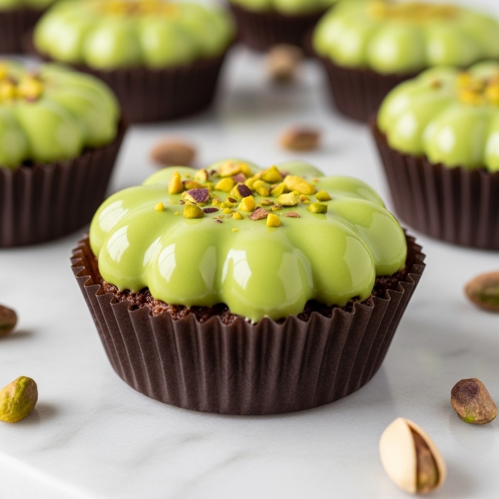 The image shows small round desserts, each covered with a thick layer of smooth, shiny green coating with a slightly bumpy texture. On the top of each dessert, there are small pieces of chopped pistachios scattered. Each dessert sits inside a ridged, dark brown paper cup. The desserts are placed on a white marbled surface, with extra chopped pistachio pieces around them. The light reflects softly on the glossy green coating, highlighting its smooth texture. photo taken with an iphone --ar 4:5 --v 7