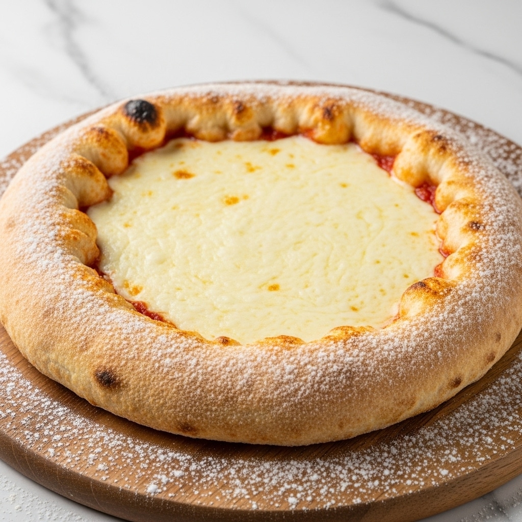 A freshly baked round pizza with one thick, puffy crust layer that is golden brown with some darker charred spots, covered lightly with white flour. Inside the crust is a thin layer of reddish tomato sauce, topped with a thick, even layer of melted white cheese that looks smooth and slightly bubbly. The pizza is placed on a wooden board, with some scattered flour around it. The background has a white marbled texture. Photo taken with an iphone --ar 4:5 --v 7