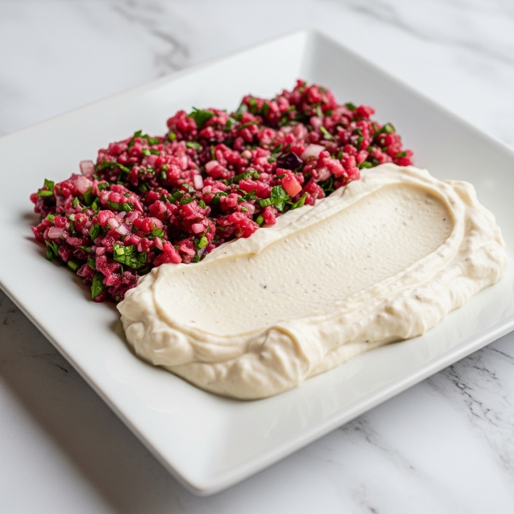 A square white plate holds a dish with two main layers. The bottom layer is thick and creamy, off-white in color with a smooth and slightly uneven texture, spread evenly over the plate. On top is a chunky layer of finely chopped red and pink ingredients mixed with green herbs, giving it a colorful, fresh, and textured look. The colors are rich with bright reds, deep purples, and flecks of green, making it lively and appetizing. The plate sits on a white marbled textured surface. Photo taken with an iphone --ar 4:5 --v 7