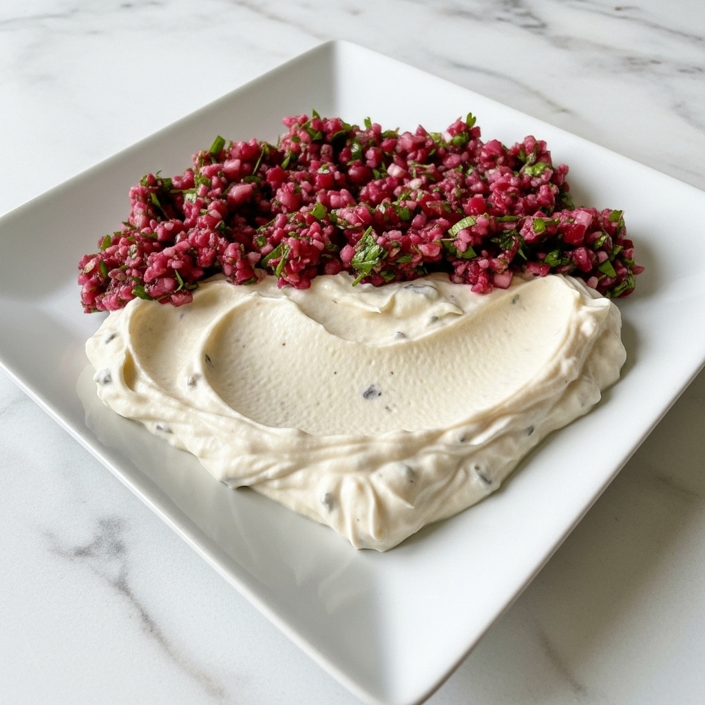 A close-up image of a square dessert with two main layers on a white marbled surface. The bottom layer is thick and creamy with a smooth texture in off-white color. The top layer is a chunky, vibrant mixture consisting of small red, purple, and green pieces that create a rough, uneven surface, likely made of fruit and herbs. The contrast between the creamy base and the colorful topping is clear, and the dessert edges are slightly irregular, showing a homemade feel. Photo taken with an iphone --ar 4:5 --v 7