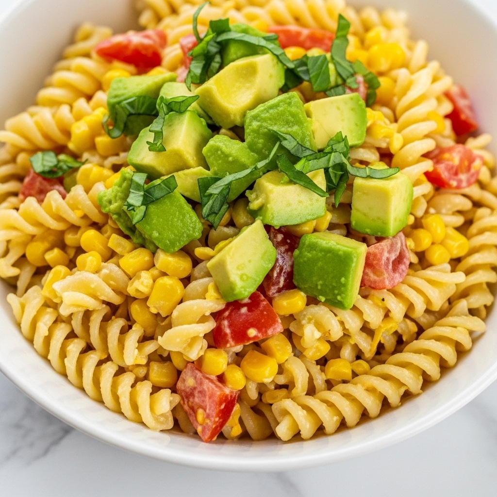 A bowl filled with creamy rotini pasta mixed with yellow corn kernels, bright green avocado chunks, and small red tomato pieces. The pasta is coated lightly with a white sauce, topped with fresh green cilantro leaves and a sprinkle of black pepper. The bowl is white with a dark textured inside, placed on a white marbled surface, photo taken with an iphone --ar 4:5 --v 7