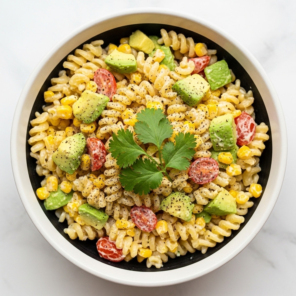 A close-up view of a white bowl filled with spiral pasta mixed with yellow corn kernels and small pieces of red tomato, topped with bright green chunks of avocado and fresh green herb leaves scattered on top. The pasta is creamy and light yellow, mixed evenly with the corn and tomato, creating a colorful and textured look. The bowl sits on a white marbled surface, adding a clean and bright background to the dish. photo taken with an iphone --ar 4:5 --v 7
