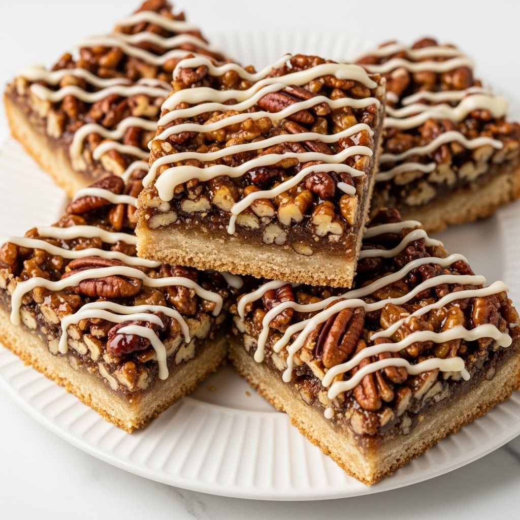 The image shows several square pieces of dessert bars stacked together on a white plate with ridged edges, placed on a white marbled surface. Each bar has a slightly golden brown crust base, topped with a thick layer of nutty mixture that includes whole pecans or walnuts adding texture with a slightly glossy finish. The bars are drizzled with a light, creamy white glaze that clings irregularly across the nut topping, giving a sweet and sticky look. The edges of some bars are slightly darker, showing baked crispness, and the bars appear moist and chewy inside. Photo taken with an iphone --ar 4:5 --v 7