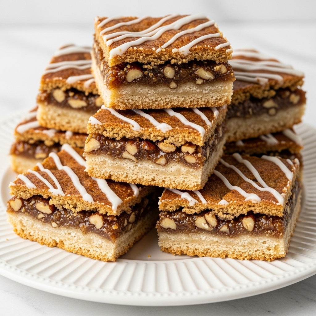 The image shows several square pieces of a baked dessert stacked on a white plate with a ridged edge. Each piece has a golden-brown, crispy crust base with a thick layer of nut filling that appears caramelized and sticky, topped with a light drizzle of white icing that adds a glossy texture. The pieces are irregularly stacked, emphasizing their chunky, textured surface with visible bits of nuts. The background features a white marbled texture that contrasts softly with the warm tones of the dessert. Photo taken with an iphone --ar 4:5 --v 7