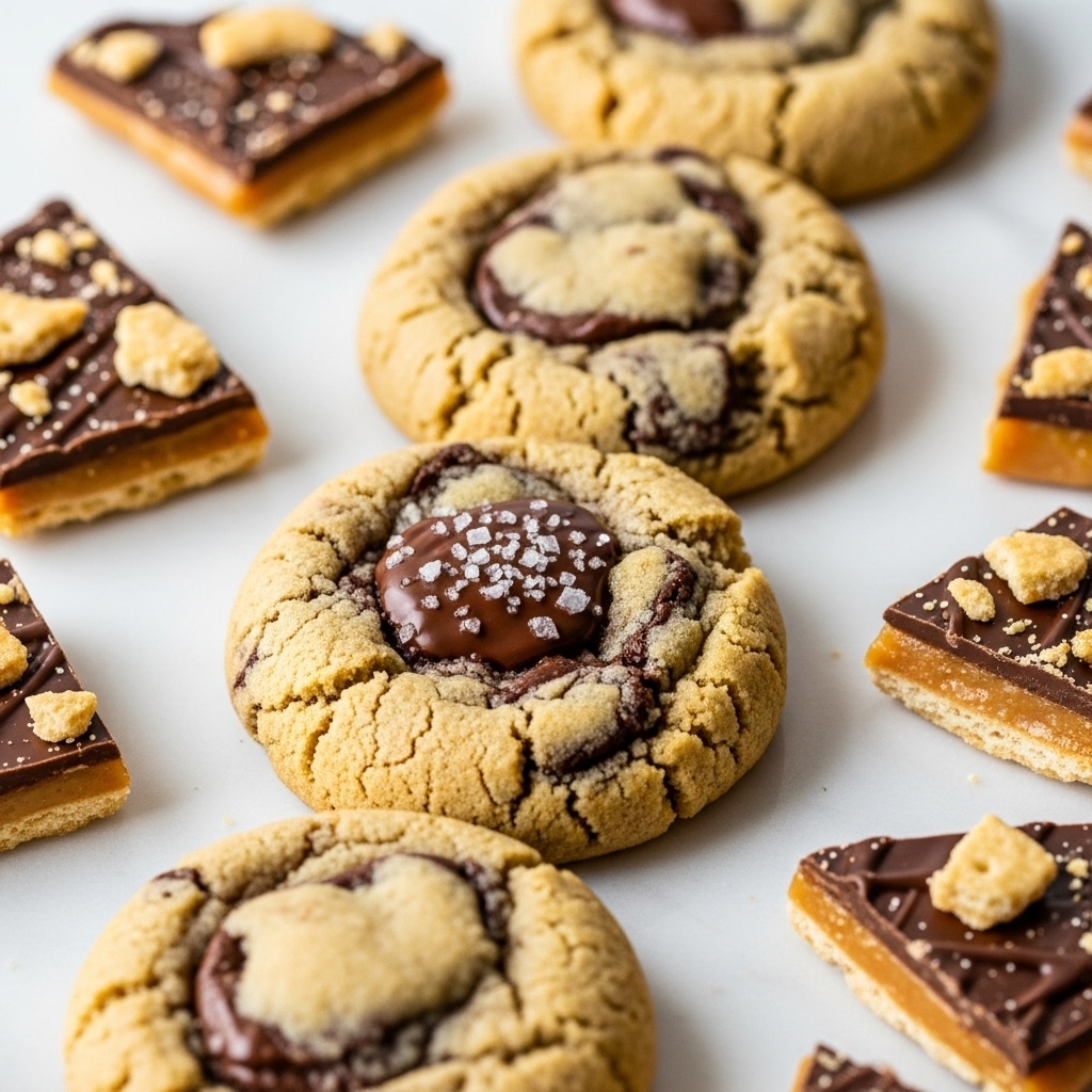 A close-up view of a stack of soft, round cookies with a cracked, light brown surface sprinkled with coarse salt crystals on top. Each cookie shows a marbled mix of darker and lighter brown swirls, indicating swirls of chocolate or caramel throughout. They are placed on a white marbled surface, surrounded by broken pieces of crunchy toffee bark with a smooth, dark chocolate bottom layer and a golden, brittle caramel top layer, some pieces showing the light beige cracker base. The focus is on the front cookie with more cookies slightly blurred behind it, emphasizing texture and detail photo taken with an iphone --ar 4:5 --v 7