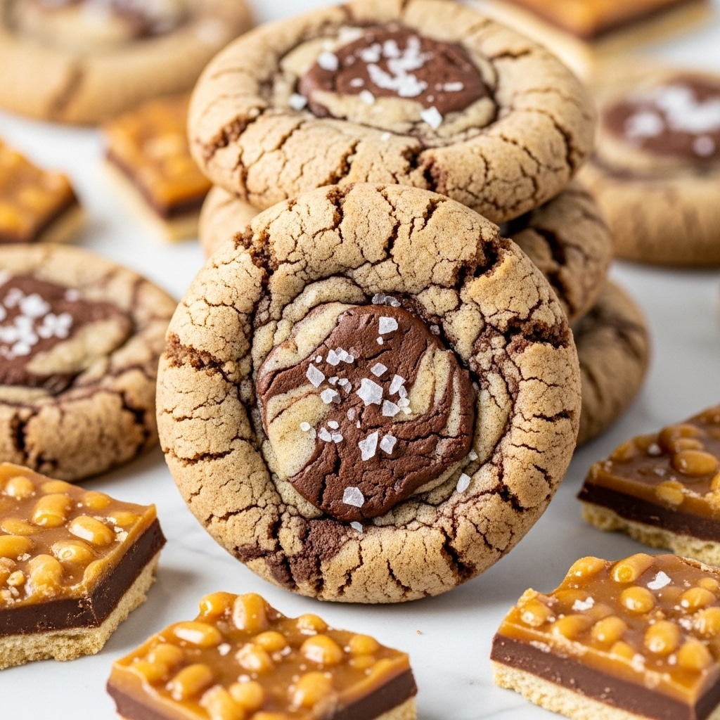 A close-up view of five round cookies arranged in a row on a white marbled surface, each cookie with a golden-brown color and visible swirls of darker brown chocolate mixed within. The top cookie shows a sprinkling of coarse sea salt crystals, adding texture and shine to its slightly cracked surface. Surrounding the cookies are broken pieces of crispy toffee bark, layered with light brown toffee, dark chocolate on top, and bits of pale cracker, creating a mix of smooth and crunchy textures. photo taken with an iphone --ar 4:5 --v 7