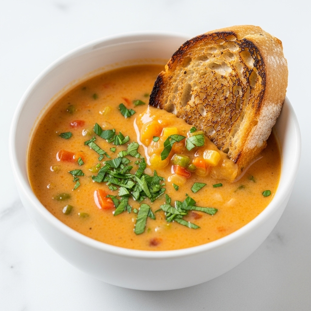A white bowl filled with creamy orange soup with small pieces of vegetables and herbs floating on the surface, topped with chopped green herbs and a slice of toasted bread partially dipped into the soup, the bread showing a crunchy brown crust and soft inside, all placed on a white marbled surface. Photo taken with an iphone --ar 4:5 --v 7