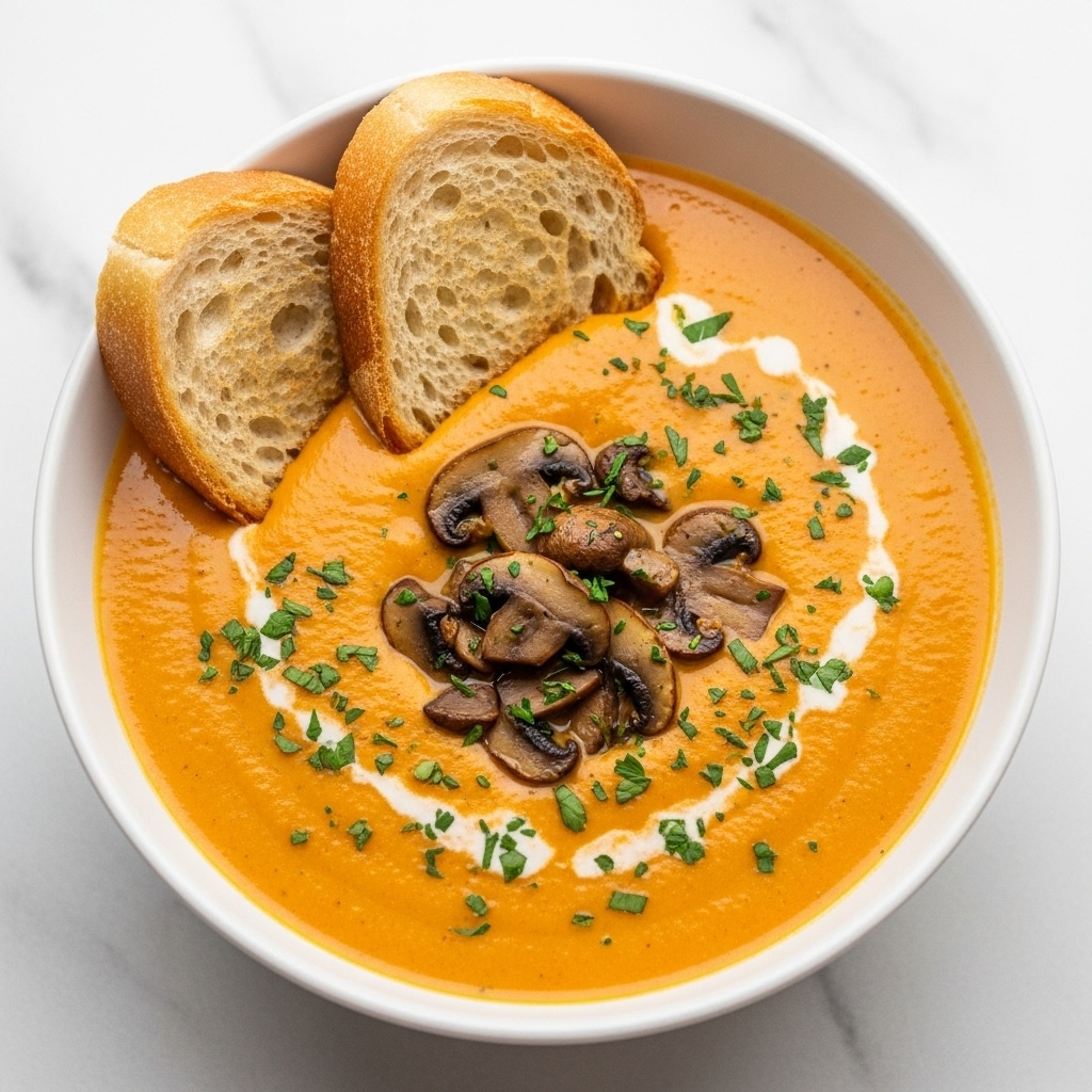 A white bowl filled with creamy orange soup that has visible chunks of mushrooms and herbs on top. The soup’s surface shows a mix of smooth creamy texture and small bits of green herbs sprinkled across. Two slices of light brown toasted bread rest inside the bowl on one side, partially dipped into the soup. The bowl sits on a white marbled surface. photo taken with an iphone --ar 4:5 --v 7