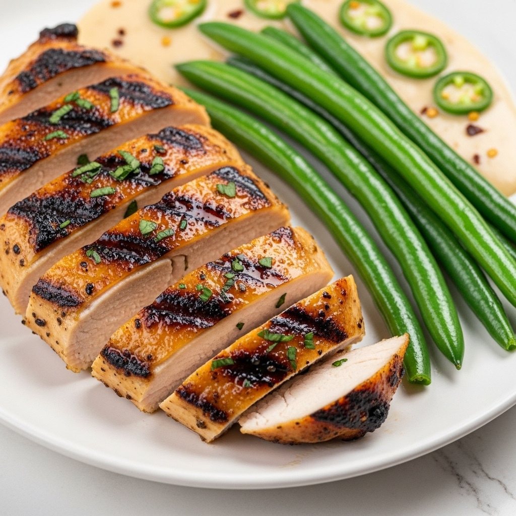 A white plate holds a grilled chicken breast sliced into six pieces, showing juicy white meat inside each slice. The chicken skin is golden brown with dark grill marks and a shiny glaze, topped with small bits of green herbs. To the side of the chicken, there are three long, bright green green beans with a glossy look. In the background, a light creamy sauce with some green pepper flakes is visible. The plate sits on a white marbled surface. photo taken with an iphone --ar 4:5 --v 7