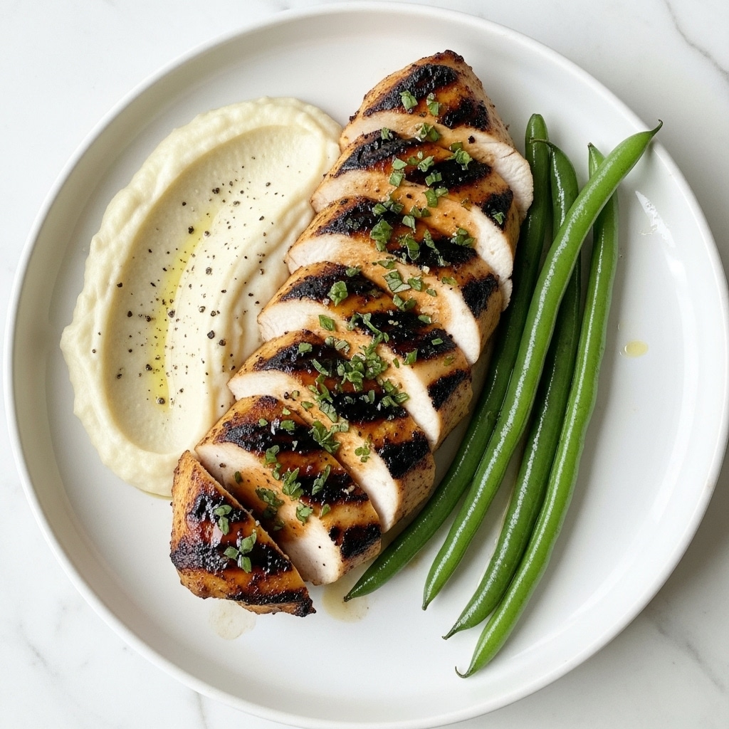 The dish shows a white plate holding a grilled chicken breast sliced into five thick pieces, arranged slightly fanned out from left to right. The chicken is golden brown with dark grill marks and a shiny glaze on top, sprinkled with small green herb pieces. On the left side of the plate is a creamy white mashed layer with a smooth texture and some black pepper dots. On the right side, three long green beans lie parallel to the chicken, with a fresh, glossy look. The plate sits on a white marbled surface. photo taken with an iphone --ar 4:5 --v 7