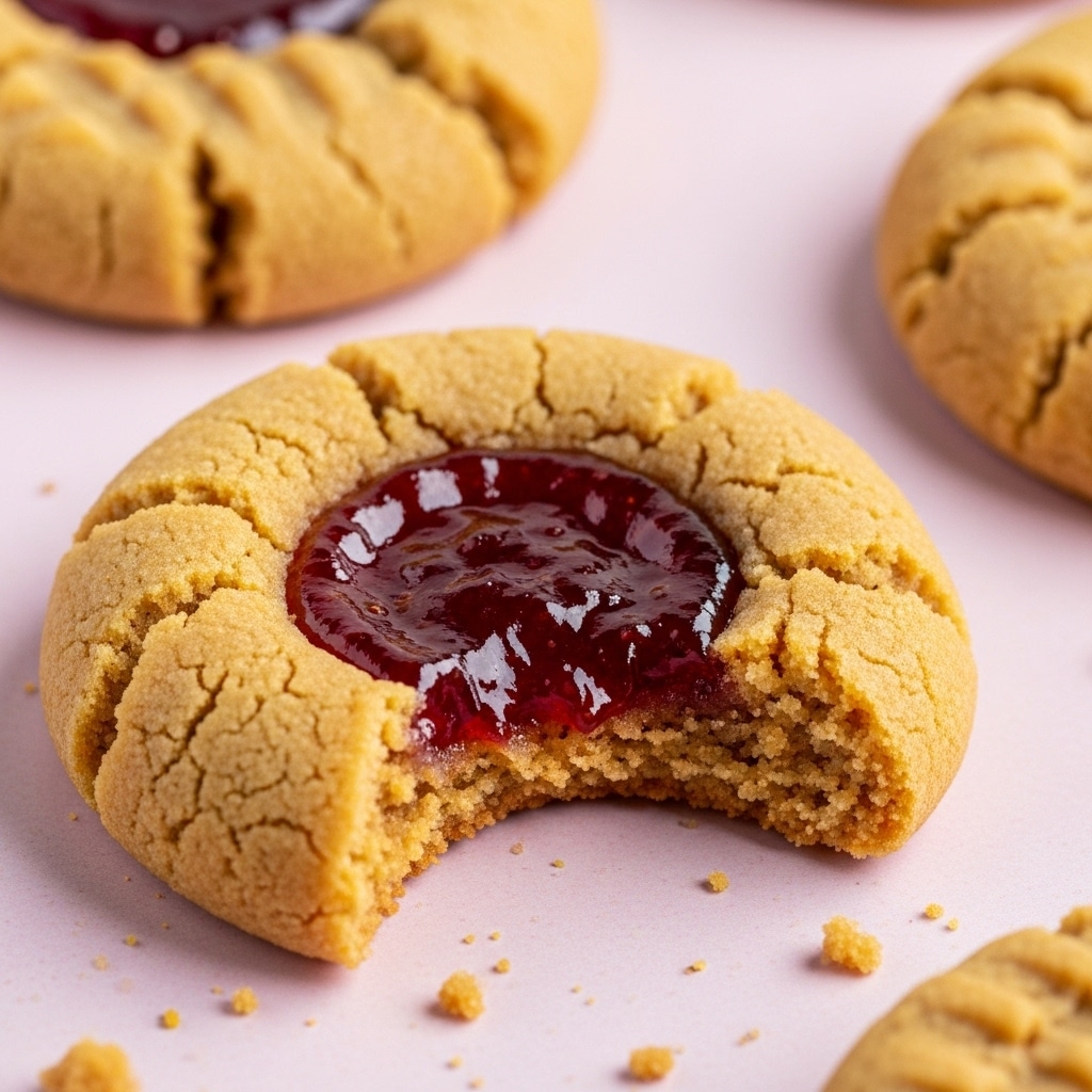 The image shows a close-up of a single peanut butter cookie with a textured, soft golden-brown surface cracked slightly around the edges. It has a jelly filling in the center, shiny and deep red with a somewhat thick and sticky texture. The cookie is placed on a light pink surface with some crumbs scattered around it. The cookie has one bite taken out, showing a thicker bottom cookie layer beneath the jelly layer. In the background, parts of two more cookies with similar textures and fills are partially visible on the same pink surface. photo taken with an iphone --ar 4:5 --v 7
