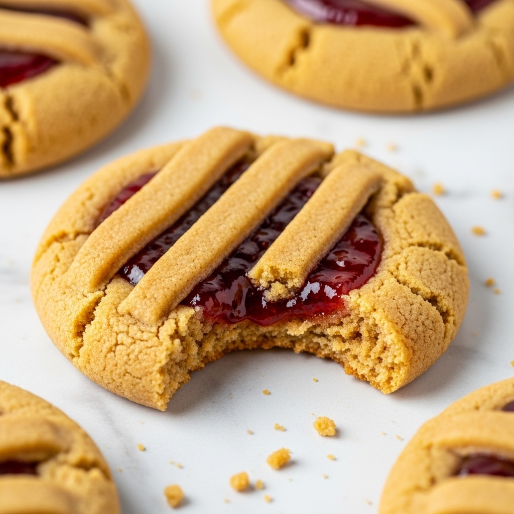 A close-up of a soft, round peanut butter cookie with three golden-brown dough strips on top, arranged like a lattice, showing a thick layer of shiny red strawberry jam filling in the center. The cookie has a crumbly texture with cracks and a bite taken out of one side, revealing a moist inside. It is placed on a white marbled surface with small crumbs scattered around. Other similar cookies are blurry in the background. photo taken with an iphone --ar 4:5 --v 7