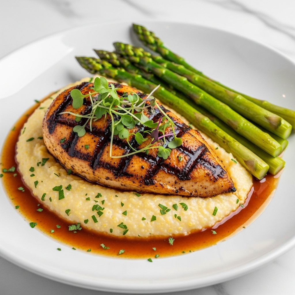 A white plate holds a dish with three main layers: the bottom layer is creamy, pale yellow grits with a soft, smooth texture, sprinkled with small green herb bits. On top of the grits, there is a thick, golden-brown grilled piece of fish with crispy skin, garnished with fresh green herbs scattered over it. To the side, bright green cooked asparagus spears lean against the grits, adding a fresh, crunchy contrast. The dish is surrounded by a shallow pool of brown sauce, adding shine and warmth. photo taken with an iphone --ar 4:5 --v 7