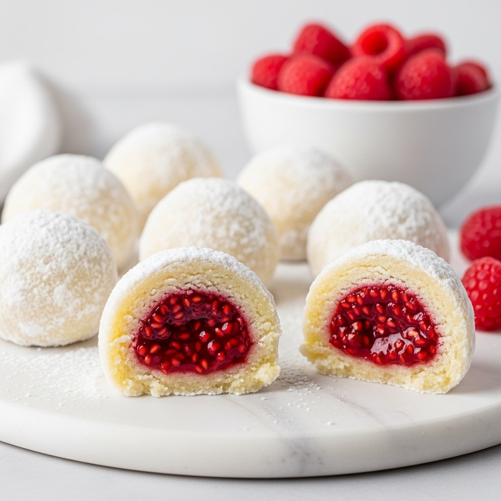 The image shows three powdered sugar-covered cookie balls stacked on a white plate with a white marbled texture underneath. The top cookie is cut in half, revealing three layers: a soft, crumbly pale beige outer dough, a bright red, glossy jam filling in the center with a slightly chunky texture, and a light dusting of powdered sugar on the surface adding a snowy white contrast. The bottom two whole cookies also have a thick coating of powdered sugar, giving them a snowy, powdery look. Photo taken with an iphone --ar 4:5 --v 7