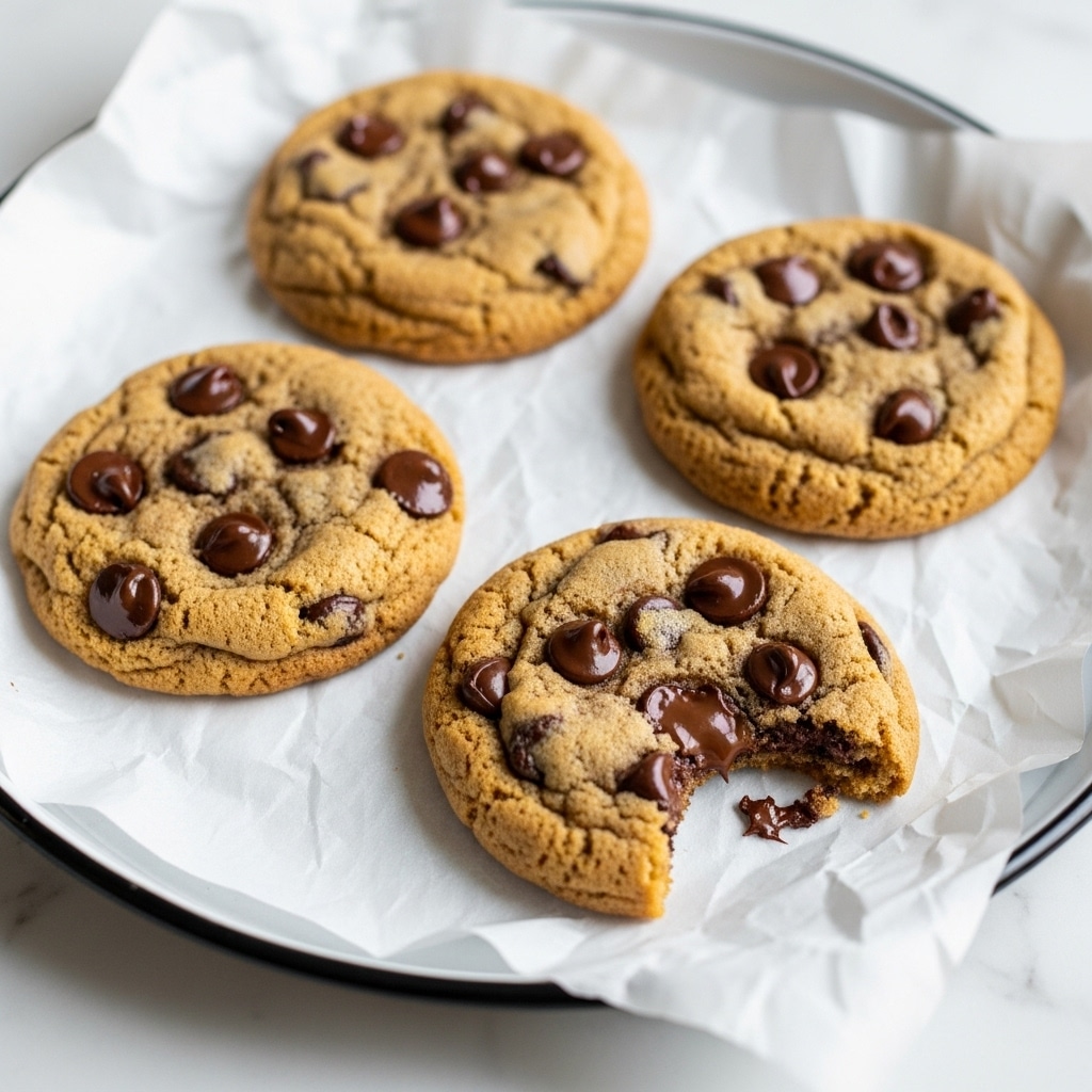 Four chocolate chip cookies sit on crumpled white parchment paper inside a round tray with a dark edge. The cookies are golden brown with a slightly crispy texture, studded with melted dark chocolate chips visible on the surface. One cookie in the front has a bite taken out of the right side, showing a soft, chewy interior with gooey chocolate. The tray is placed on a white marbled surface that adds a clean, simple background to the warm tones of the cookies. photo taken with an iphone --ar 4:5 --v 7