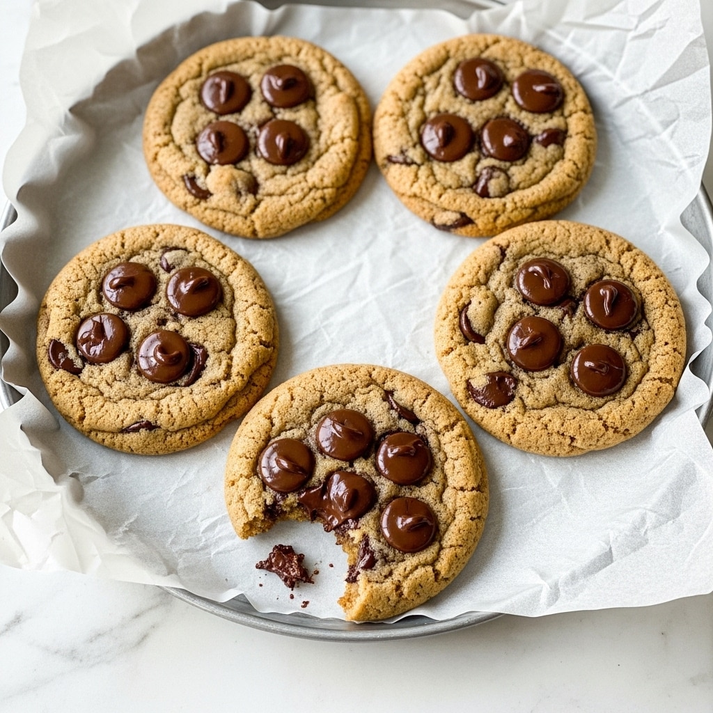 A white round pan lined with crinkled white parchment paper holds four chocolate chip cookies, each with a golden-brown color and soft texture. The cookies show dark brown, shiny chocolate chips generously spread on top, with one cookie at the front having a bite taken out, revealing gooey melted chocolate inside. Small flakes of sea salt sprinkle over the surface of the cookies, adding texture contrast. The pan rests on a white marbled surface, contributing to a clean and bright look. photo taken with an iphone --ar 4:5 --v 7