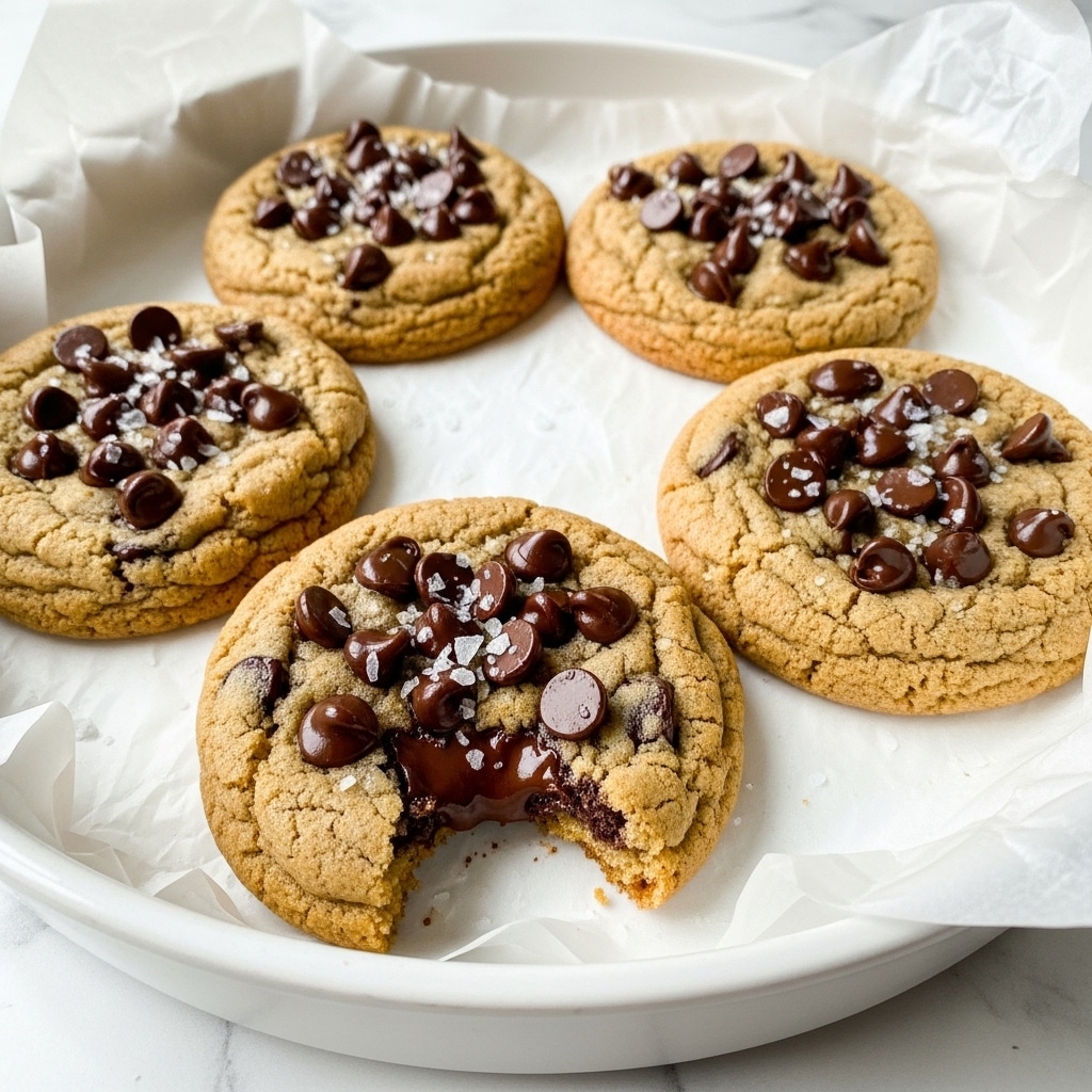 A group of five chocolate chip cookies sits on crinkled white parchment paper inside a round dark metal pan. The cookies are golden-brown with a slightly crispy edge and soft centers, each dotted with several melted dark chocolate chips. One cookie in the front has a bite taken out of it, showing its chewy interior and some chocolate oozing out. The pan rests on a white marbled surface. photo taken with an iphone --ar 4:5 --v 7