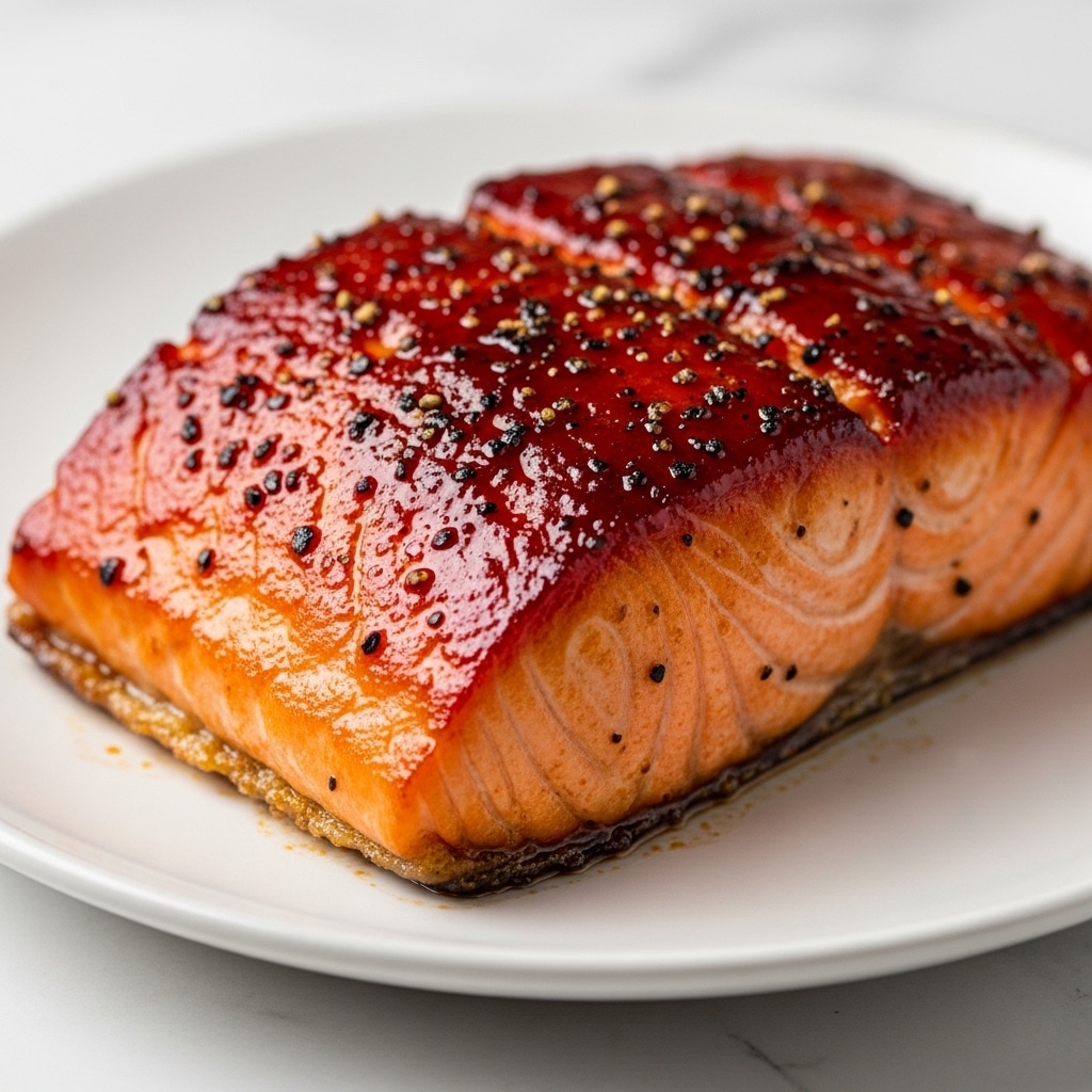 The image shows a close-up of a thick piece of salmon with a shiny, dark red glaze on top, giving it a sticky and rich look. The salmon is cooked well, with a crispy brown crust visible on the edges and a soft orange inside. Small black pepper pieces are sprinkled on the top layer, adding texture. The salmon sits on a simple white plate, placed on a white marbled surface, focusing fully on the salmon's glossy and fresh appearance. Photo taken with an iphone --ar 4:5 --v 7