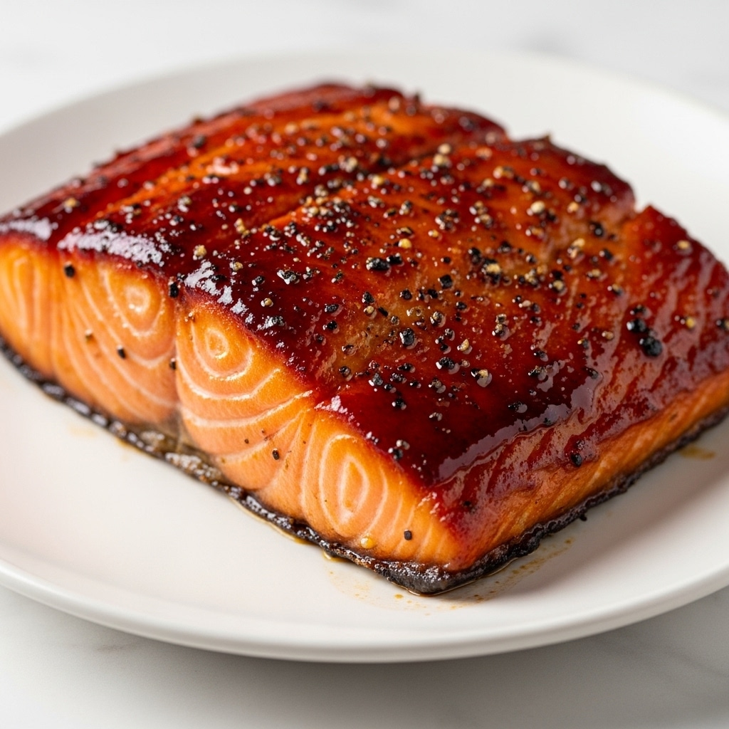 A close-up shot of a piece of cooked salmon on a white plate, showing three layers: a glossy, dark reddish-brown sauce on top, a thick, flaky, orange-pink middle layer of salmon, and a slightly crisp, light brown bottom crust. The sauce has tiny black specks of seasoning scattered on top. The plate rests on a white marbled textured surface. Photo taken with an iphone --ar 4:5 --v 7