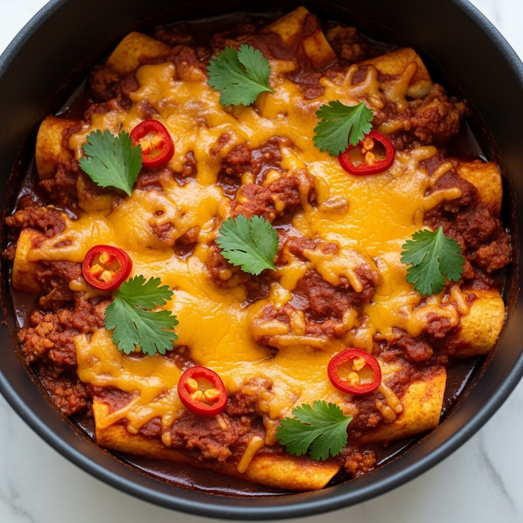 A close-up view of a baked dish inside a black pot, showing multiple layers. The bottom layer is a rich, dark red sauce mixed with cooked ground meat, topped with melted yellow cheddar cheese scattered unevenly. On top, there are small pieces of bright red chili peppers and fresh green cilantro leaves spread across the surface. The dish looks hot and slightly bubbly around the edges, resting on a white marbled surface. Photo taken with an iphone --ar 4:5 --v 7