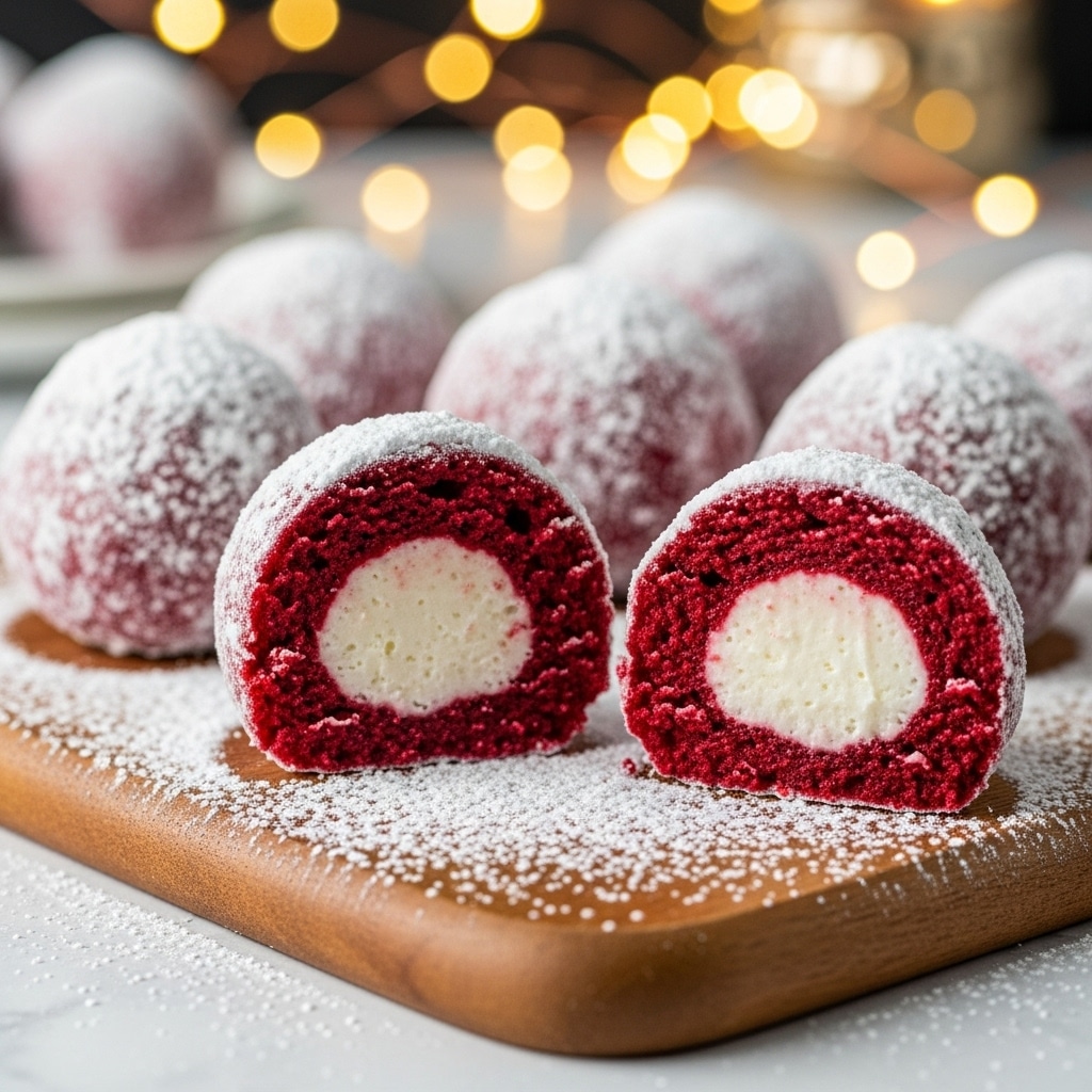 The image shows several round dessert balls with three featured in the front, two cut open to reveal the inside. Each ball has a deep red, crumbly outer cake layer covered in a thick dusting of white powdered sugar. Inside, there is a smooth, white creamy filling that contrasts with the red cake. The balls are placed on a wooden board, with scattered powdered sugar around them. In the background, there are blurred lights and cozy, warm colors, creating a festive atmosphere. The surface underneath the board is a white marbled texture. photo taken with an iphone --ar 4:5 --v 7