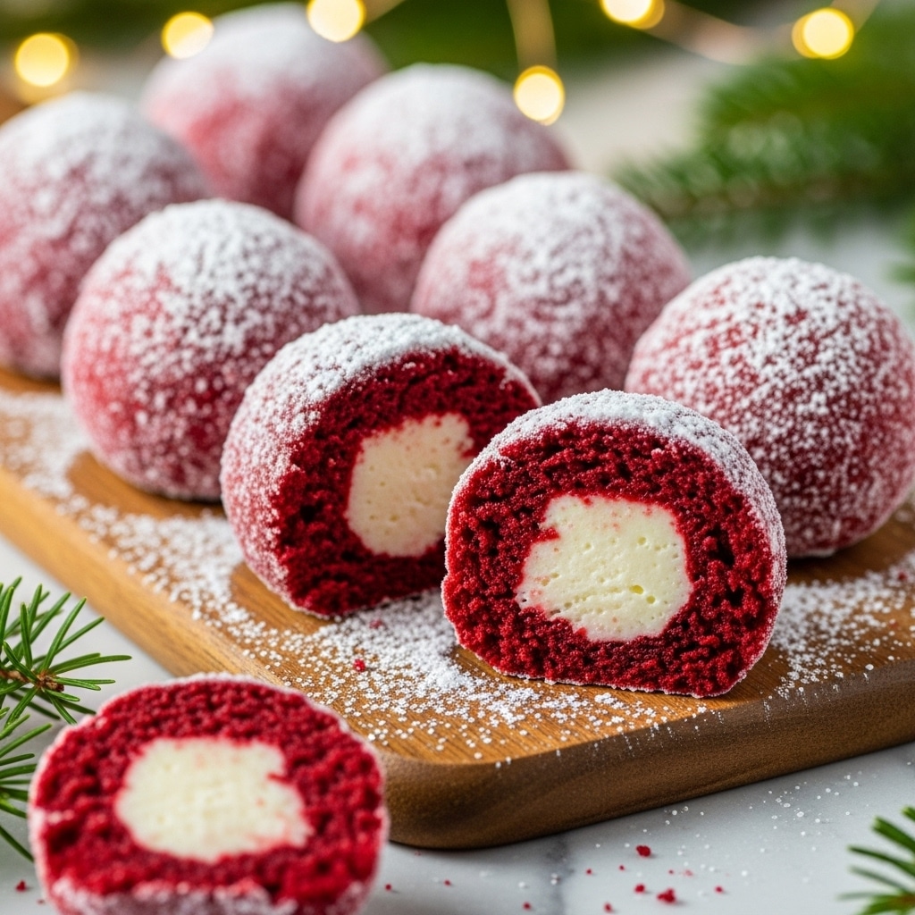 The image shows several red velvet cake balls arranged on a wooden board over a white marbled surface. Each cake ball has two main layers: a deep red, soft, and crumbly outer layer covered with a dusting of white powdered sugar, and a smooth, creamy white inner filling visible in the balls that are cut open or partially broken. The texture of the outer layer is rough due to the crumbs and powdered sugar, while the creamy center looks soft and glossy. The background has warm, blurred lights and hints of green pine branches that give a cozy feeling. Photo taken with an iphone --ar 4:5 --v 7