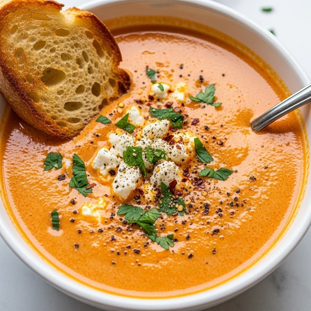 A bowl filled with thick, creamy orange soup topped with white dollops of cream and sprinkled with chopped green herbs and black pepper, with a silver spoon resting inside and a toasted slice of brown crusty bread placed on the edge of the white bowl, all set on a white marbled surface. Photo taken with an iphone --ar 4:5 --v 7