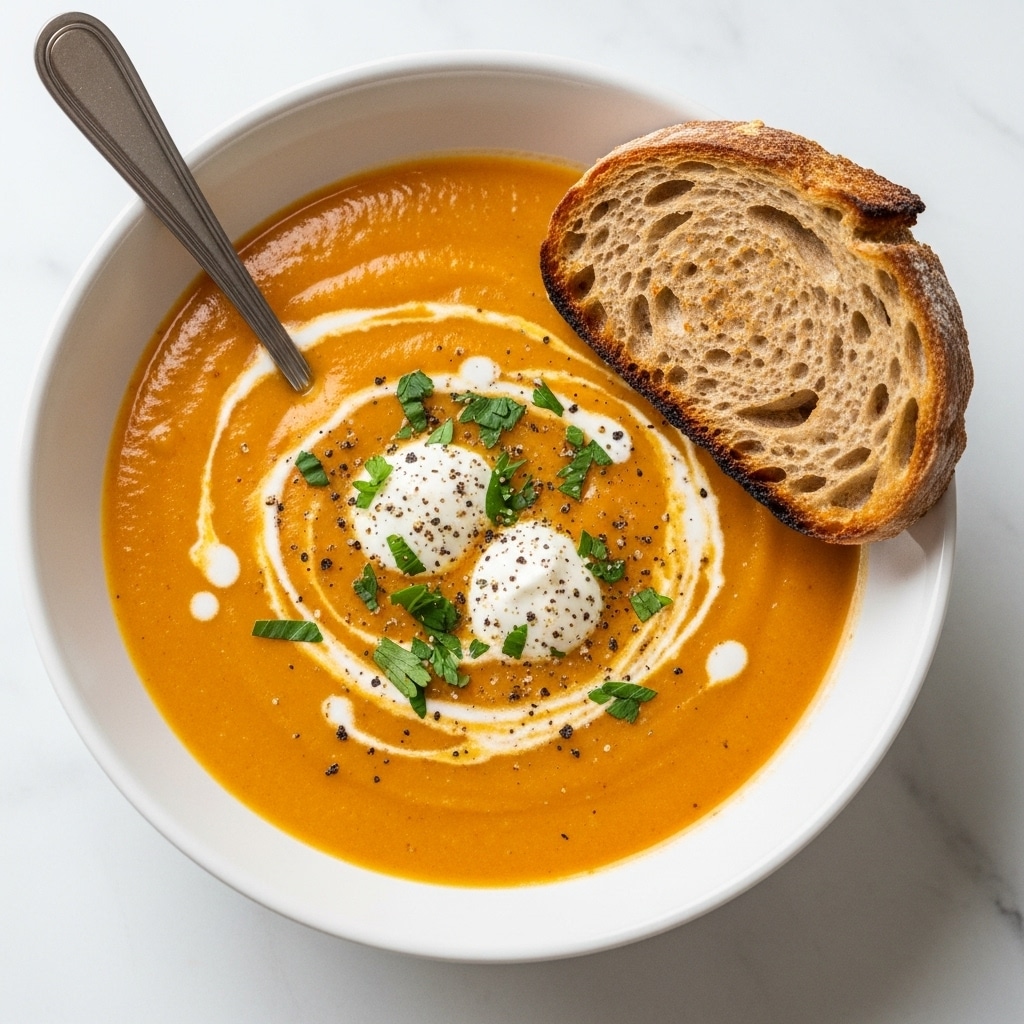 A close-up of a white bowl filled with a creamy, orange-red soup that has a slightly bubbly texture on the surface. The soup is topped with crumbled white cheese and finely chopped green herbs, along with a sprinkle of black pepper and red chili flakes. A silver spoon is partly dipped in the soup on the right side of the bowl. Resting on the rim of the bowl on the left is a piece of toasted bread with a golden brown crust and a porous interior. The bowl is set on a white marbled surface. photo taken with an iphone --ar 4:5 --v 7