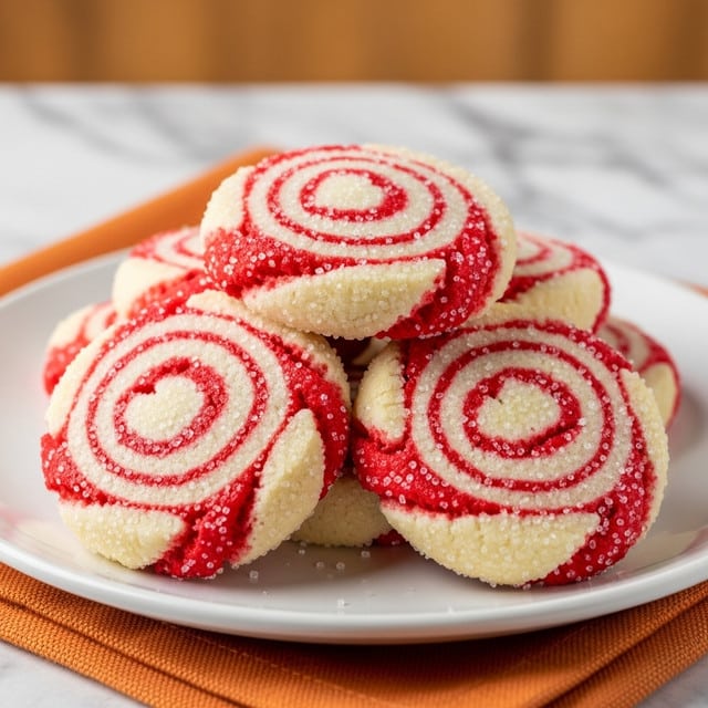 A white plate holds a stack of four swirled cookies arranged in a slightly overlapping pile. Each cookie has two layers: a light cream dough twisted with a red candy stripe creating a spiral pattern. The cookies are thick and round with a soft texture, covered with coarse white sugar crystals that add a sparkling effect. The plate sits on an orange cloth, set against a warm, blurred background with a white marbled texture under it. photo taken with an iphone --ar 4:5 --v 7