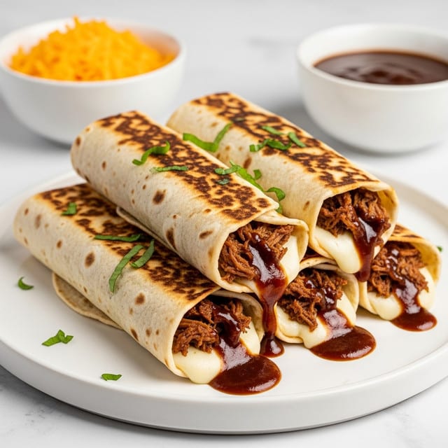 Four rolled tortillas are stacked on a round white plate, each toasted to a golden brown with darker spots. The tortillas are filled with melted white cheese and shredded dark brown meat, with rich brown sauce dripping out from the ends. Small green herb pieces are sprinkled on top of the tortillas and plate. In the background, to the right, there is a white bowl filled with dark brown dipping sauce, and to the back left, a white bowl with shredded orange cheese. The whole scene is set on a white marbled surface. Photo taken with an iphone --ar 4:5 --v 7