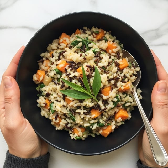 A close-up top view of a black bowl filled with creamy mixed wild rice and vegetables. The dish has a textured layer of soft, beige rice mixed with dark brown wild rice grains and bright orange carrot pieces scattered throughout. Fresh green herbs are mixed evenly and a couple of sprigs of fresh thyme lay on top as garnish. A silver spoon is inserted on the right side of the bowl while two woman's hands hold the bowl from the sides. The background is a white marbled texture. Photo taken with an iphone --ar 4:5 --v 7