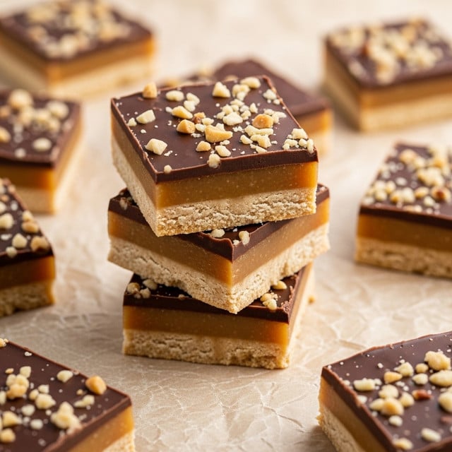 The image shows a stack of three square bars with two layers each: a bottom layer of light tan caramel-like texture and a top layer of smooth dark brown chocolate. The chocolate layer is sprinkled with chopped nuts that add texture and color contrast. Around the stack, more bars lie on a beige parchment-like paper with a crinkled texture. The bars have straight edges and a dense, chewy look. photo taken with an iphone --ar 4:5 --v 7