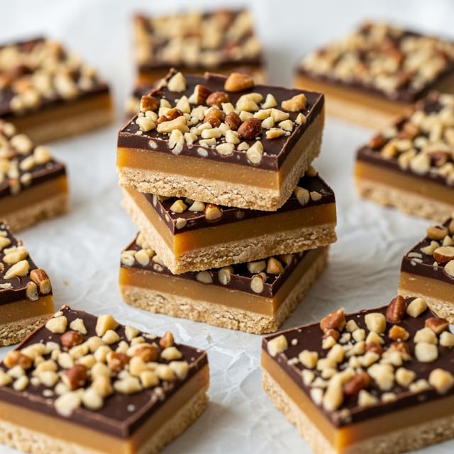A stack of three square bars sits on crinkled parchment, each bar showing two clear layers: the bottom layer is a smooth light caramel color, and the top layer is a rich dark chocolate color sprinkled generously with chopped nuts in shades of light brown and cream. Around the stack, more bars lie flat, revealing the nut topping and thick chocolate layer. The texture of the cut edges shows slight crumbly softness in the caramel and smooth firmness in the chocolate. photo taken with an iphone --ar 4:5 --v 7